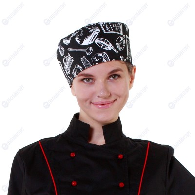 Шапочка повара «Таблетка» поварёшки и кастрюли на чёрном фоне [00400] 